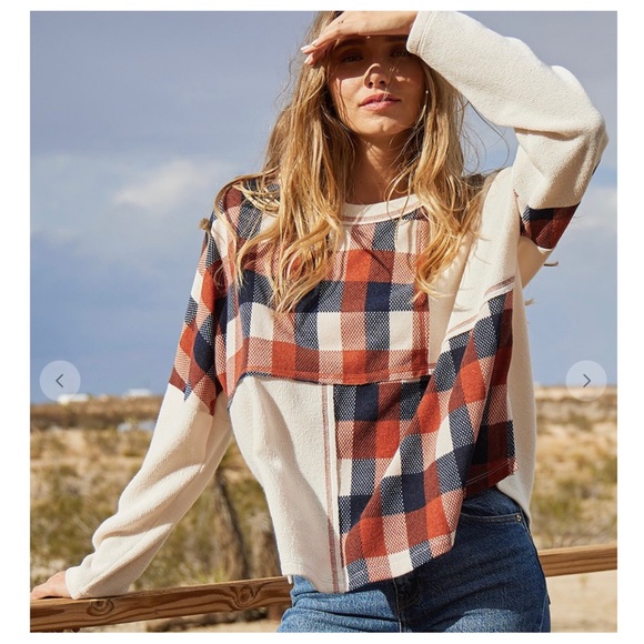 11 Boho Plaid Fabric Contrast Knit Top - Picture 5 of 5